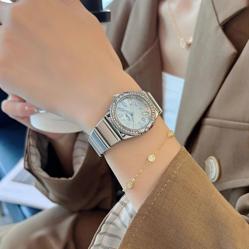 Montre de luxe en acier inoxydable pour femme, cristaux incrustés